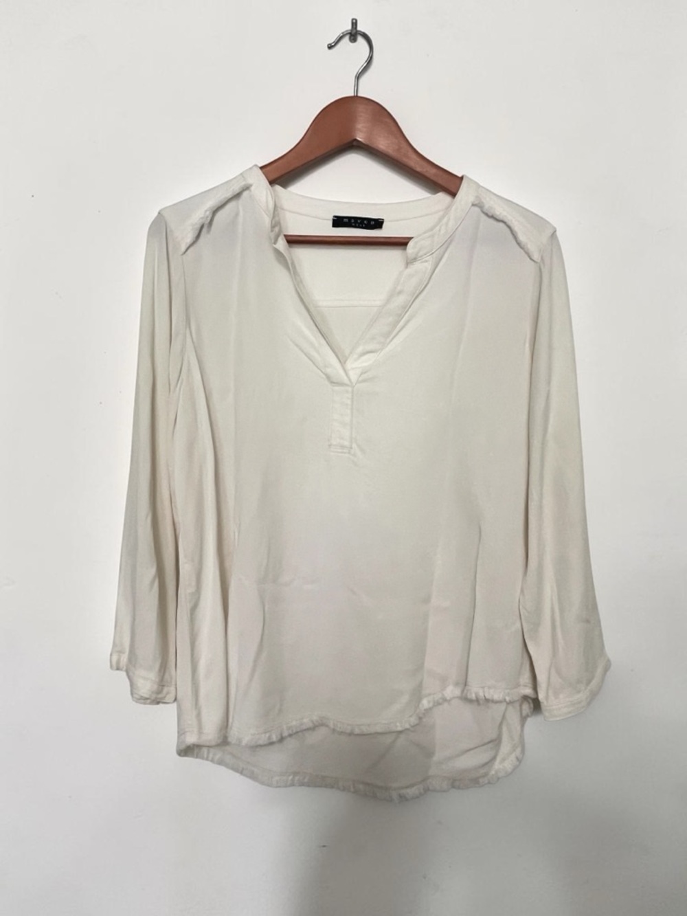 Maven West Cream V Neck Fringe Seam  relaxed fit 3/4 sleeve tencel blouse - S